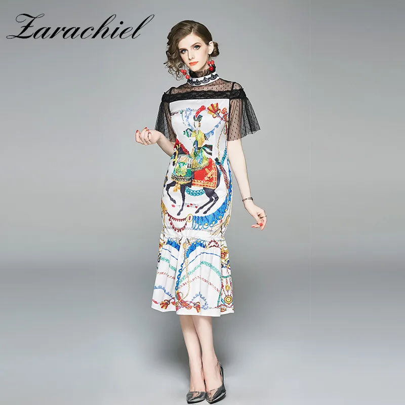 Летнее элегантное кружево короткий рукав сетки Ruffled Воротник Vestido Винтаж печати лоскутное женское платье рыбий хвост Вечерние Платье Миди