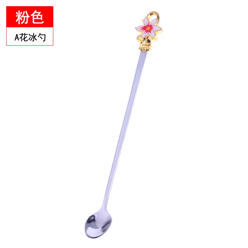 long handle red Маленькая мини-ложка с длинной ручкой из нержавеющей стали 304, Цветочная эмалированная кофейная ложка, ложка для перемешивания, чайная ложка, чайная ложка, десертная ложка, посуда - Цвет: long handle red