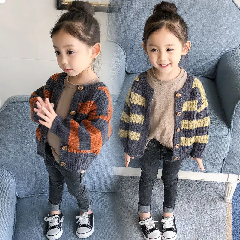 

Baby Girls knit cardigan 0-7 years old kids sweater Single-breasted horizontal striped cardigan spring and autumn baby boy