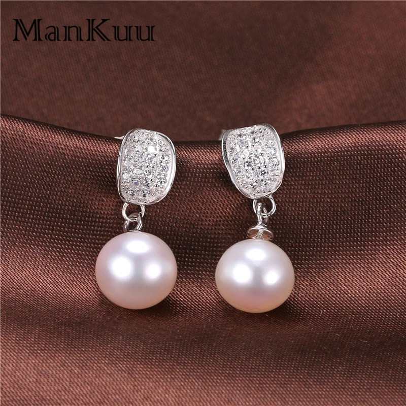 ManKuu Classic Dangle Earrings For Women 8-9mm Natural Round Freshwater Pearl Drop 925 Sterling Silver | Украшения и аксессуары