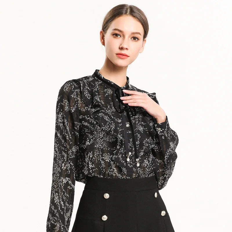 

Женская Офисная шифоновая рубашка с принтом, Повседневная Блузка с длинными рукавами и воротником-стойкой, большие размеры XXXXXL, весна 2019