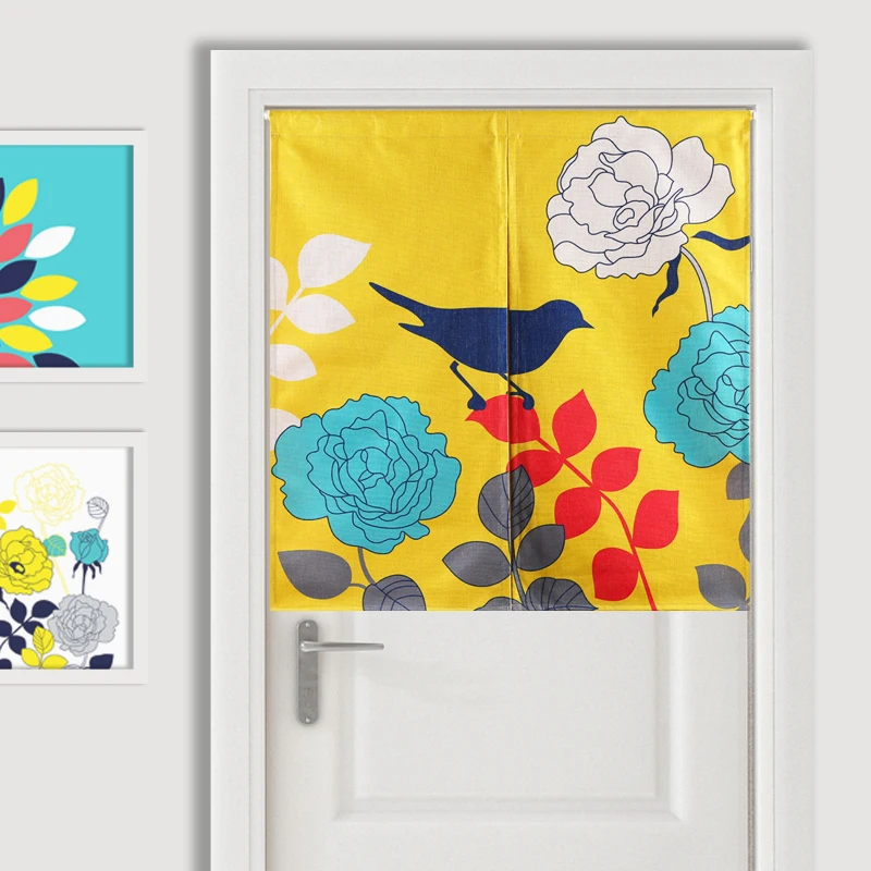 Классическая простая современная льняная занавеска с цветами и птицами синий