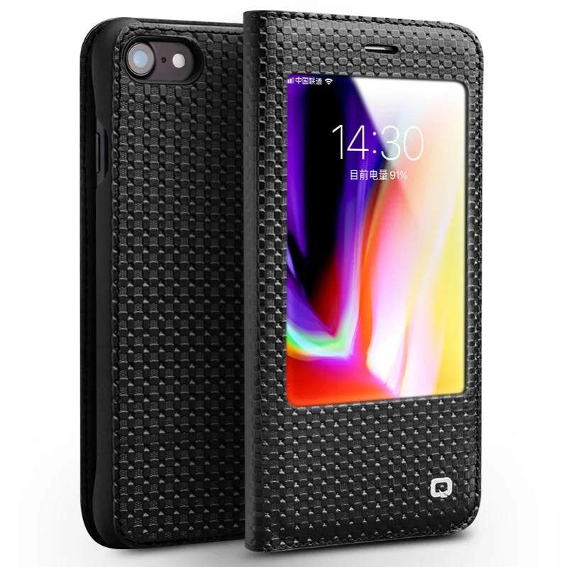 QIALINO Модный чехол для телефона из натуральной кожи для Apple iPhone 7/8 4,7 дюймов, роскошный флип-чехол для iPhone 7/8 Plus - Цвет: Grid Black