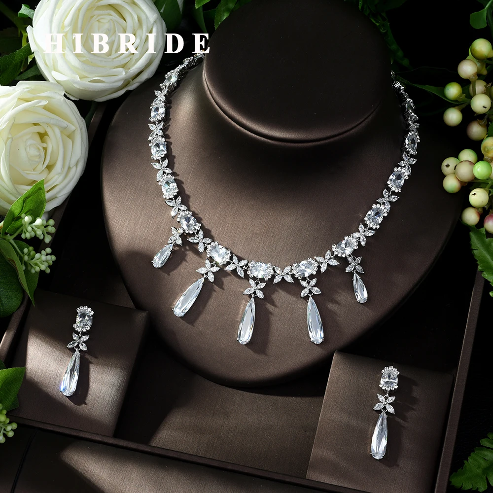 

HIBRIDE Luxury Dubai White Gold Water Drop Jewelry Sets for Women Elegant Zircon Paved Bride 2pcs Wedding Sets Accessories N-995