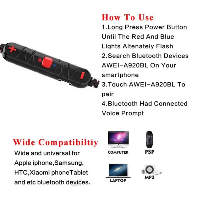 Awei A921BL Bluetooth наушники спортивные беспроводные магнитные стерео с микрофоном