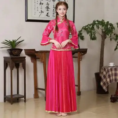 Для женщин цветок Qipao элегантный Винтаж Китайский традиционный воротник-стойка Cheongsam пикантные свадебные платье подружки невесты плюс Размеры 3XL - Цвет: Rose Red