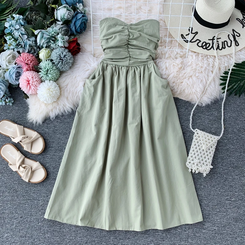Women New Sexy Breast-wiping Pure Sleeveless Casual Dress Party Night Elegant Vestidos H288