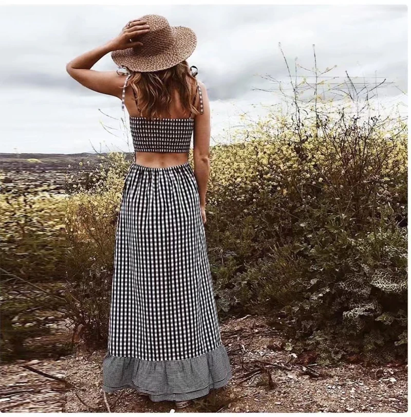 Boho женское платье, серые летние платья в клетку, винтажные, на бретелях, без рукавов, без пояса, элегантные, вечерние, милые, пасторальный стиль, длинное платье