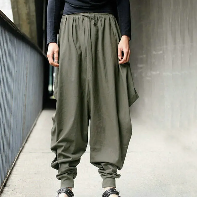 

Plus Size Cotton Linen Harem Pants Men Baggy Pants Japanese Style Mens Crotch Wide Leg Pants Casual Loose Trousers