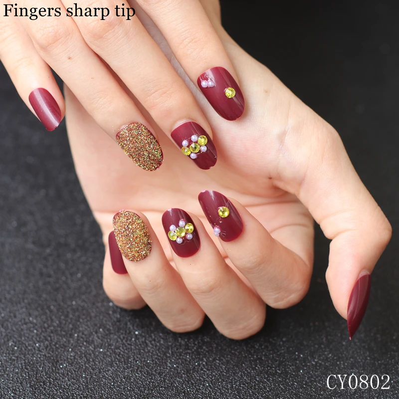 Конфетный большой красный поддельные ногти со вспышкой алмазные ювелирные