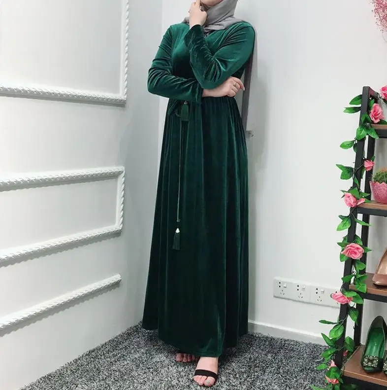 Dark green dress Бархатная абайя Femme кафтан халат Дубай мусульманский хиджаб платье Турция Абая для женщин Кафтан Marocain Elbise Рамадан Исламская одежда - Цвет: Dark green dress