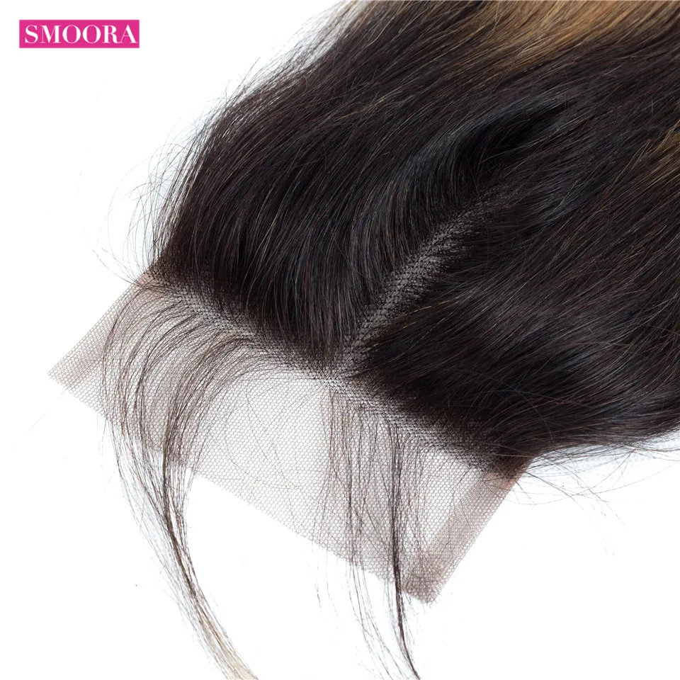 

3 Bundles Ombre Brazilian Straight Human Hair Bundle With Closure with Baby Hair 1b/27 Non Remy Ombre Dark Roots Blonde Smoora