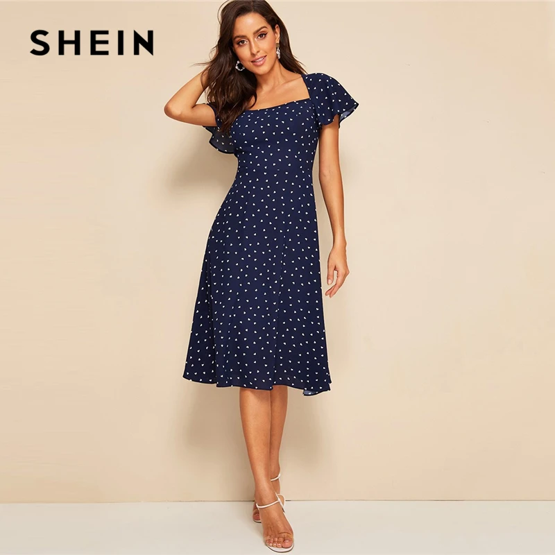 SHEIN женское платье с принтом в виде сердца, с рукавами-крылышками, с вырезом на спине,, темно-синее ТРАПЕЦИЕВИДНОЕ ПЛАТЬЕ С Высокой Талией, летнее элегантное платье с квадратным вырезом