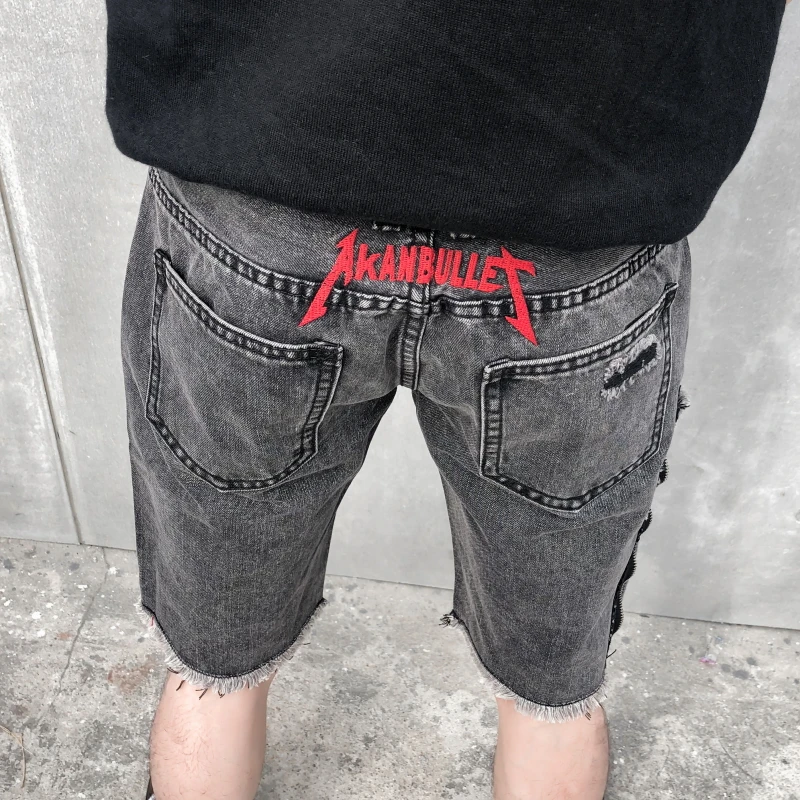 Ripped Destroyed Distressed Denim Shorts Embroidery skull Mens Hole Blue Male Hip Hop Fashion streetwear Clothing | Мужская одежда