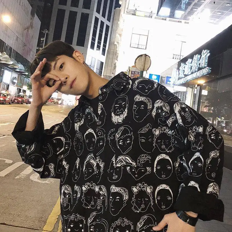 Hip Hop Shirts Men Japanese Streetwear Casual Print Shirt Male Summer Spring Fashion Loose Harajuku Long Sleeve Hawaiian | Мужская