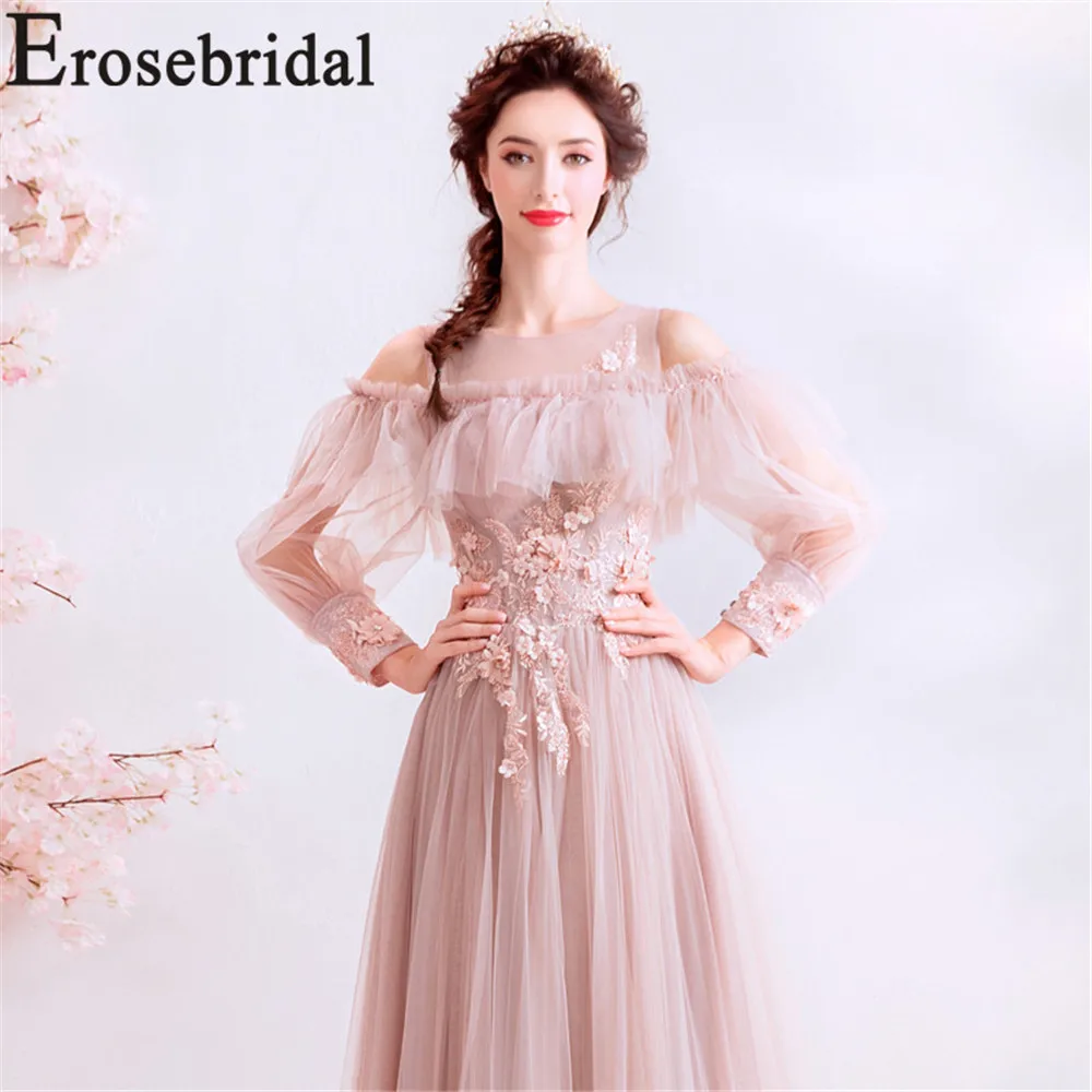 Erosrbridal, платье для выпускного вечера с длинным рукавом, кружевное вечернее платье с кружевом на спине, 3D цветок ручной работы