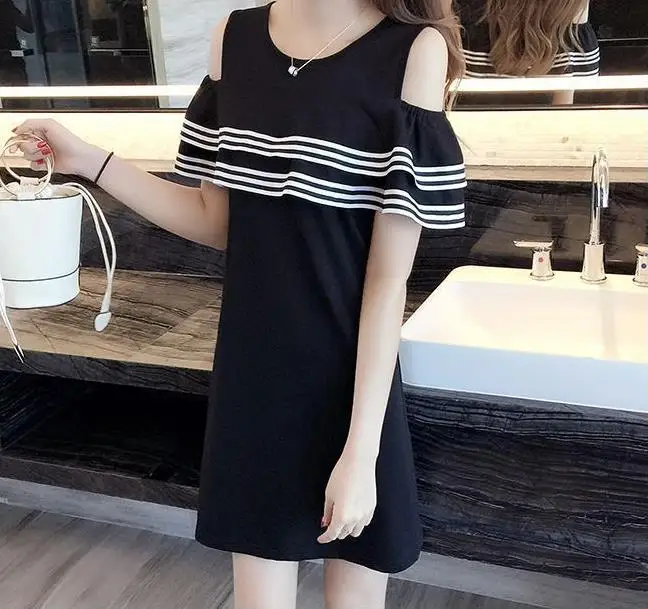 Summer dress Flap-sided striped a-style off-the-shoulder Sweet girlish Loose | Женская одежда