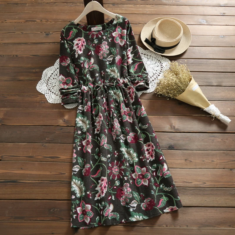 2019 весенне осеннее женское винтажное платье с круглым вырезом и цветочным
