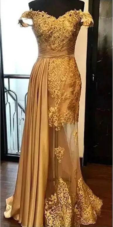 2019 Длинные вечерние платья с открытыми плечами арабское Золотое Тюлевое платье