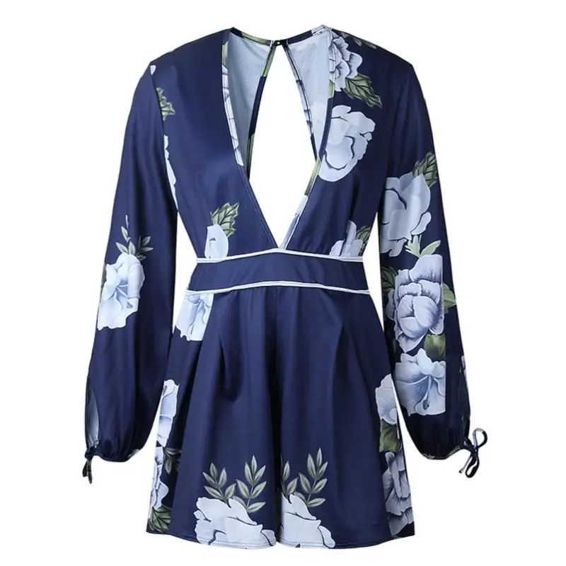 2018 Summer Style Beach Rompers Women Jumpsuit Sexy Longsleeve Backless V Neck Playsuits Ladies Vintage Print Overalls Body Suit | Женская