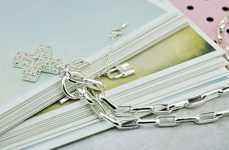 

New 925 Silver Necklace Girls Cross Pendant Design Solid Silver Clavicle Necklace 46cm Size Charm Jewelry a birthday present