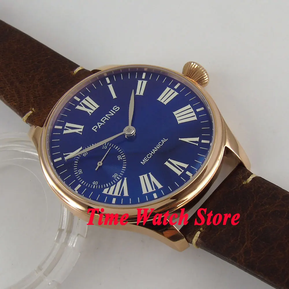 44 мм Парнис с синим циферблатом римскими цифрами золотой чехол светящийся 17 jewels