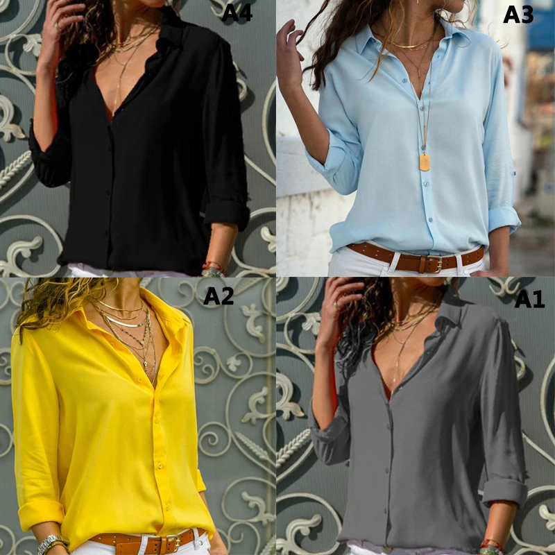 Женские рубашки с длинным рукавом и v-образным вырезом шифоновые на пуговицах