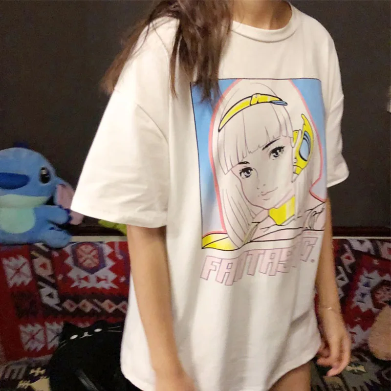 Японский kawaii мультфильм печати Топы футболка женская летняя ulzzang Harajuku bf Милая