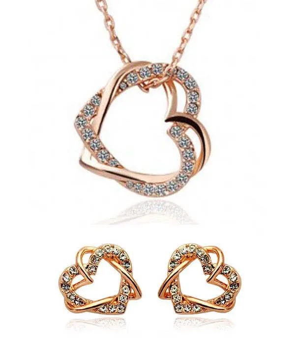 Fashion vintage spirally-wound hot-selling full rhinestone double heart necklace ring earrings jewelry set | Украшения и
