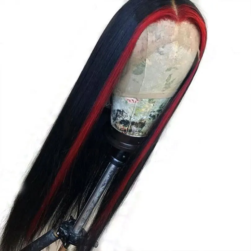 Red Highlight Бордового цвета с красной подсветкой Синтетические волосы на кружеве парики из натуральных волос с эффектом деграде(переход от темного к прямой Синтетические волосы на кружеве парик 13X6 глубокий часть синтетические волосы парик блонд 150% плотность предварительно - Цвет: Red Highlight