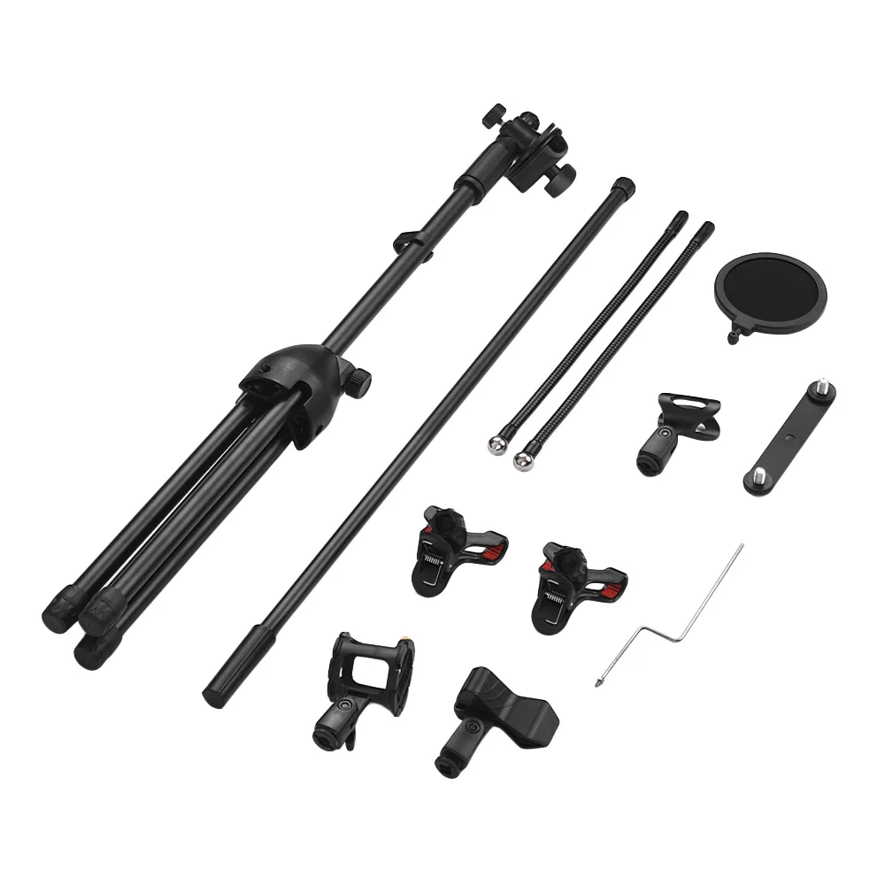 Microphone Floor Stand Tripod Metal Adjustable Height with Boom Arm 3 Mic Holders &amp 1 Smartphone Holder for Live Streaming | Спорт и