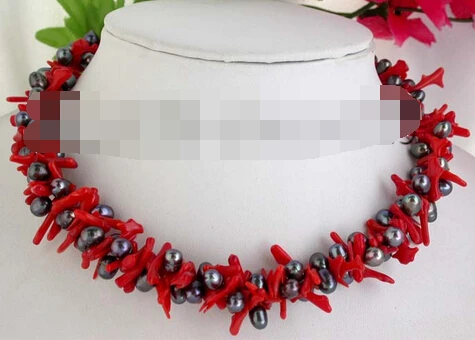 Ожерелье из барокко черного жемчуга и кораллов 2 нити 19 дюймов 8 мм|necklace black
