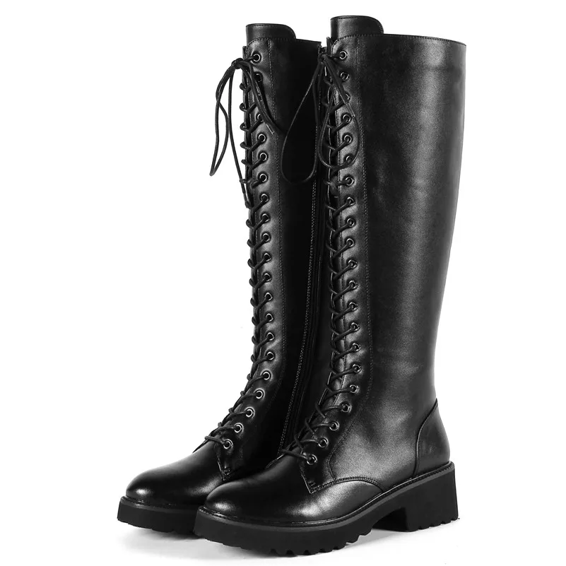 FEDONAS/женские сапоги до колена классического дизайна; высокие зимние сапоги на высоком каблуке с перекрестной шнуровкой; сезон осень-зима; женские высокие мотоботы - Color: Black