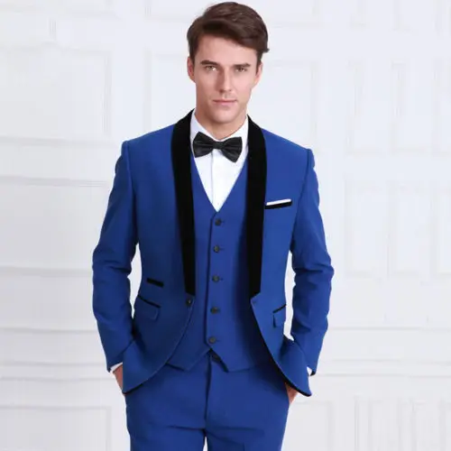 

Royal Blue Mens Wedding Suits Fashion Male Black Shawl Lapel Tuxedos Dinner Suits Custom Made Grooming Party Mens 3 Pieces Suit