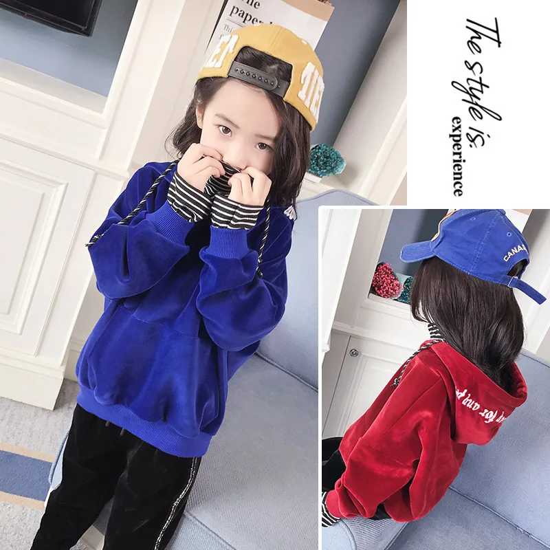 2017 Winter Girls gold velvet backing shirt children high collar striped hooded fake two sweater | Детская одежда и обувь