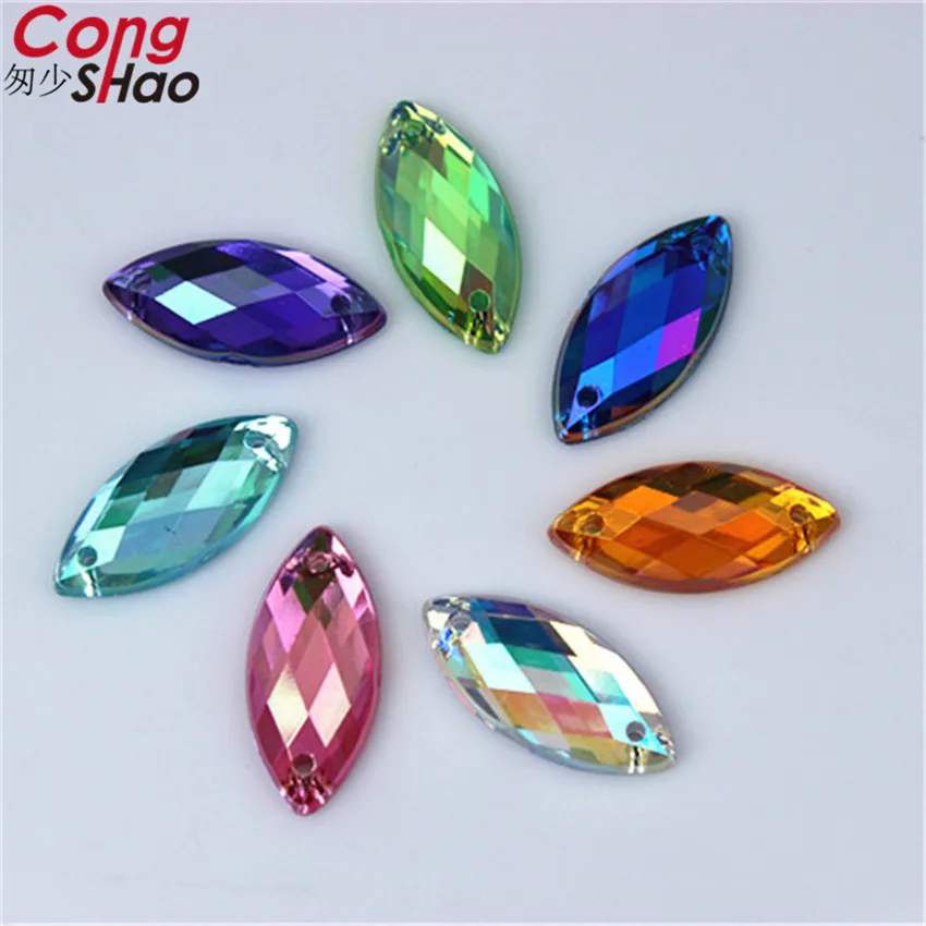 

Cong Shao 200PCS 8*18mm AB Colorful Horse Eye Stone Crystals Acrylic Rhinestone Trim Flatback Sewing 2 Hole Costume Button CS331