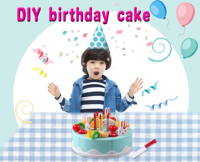 38Pcs 15cm Pretend Play DIY Birthday Cake Cutting Food Toy with Fruits Candle Set Play House toy kitchen Toys Gift for Kids Girl