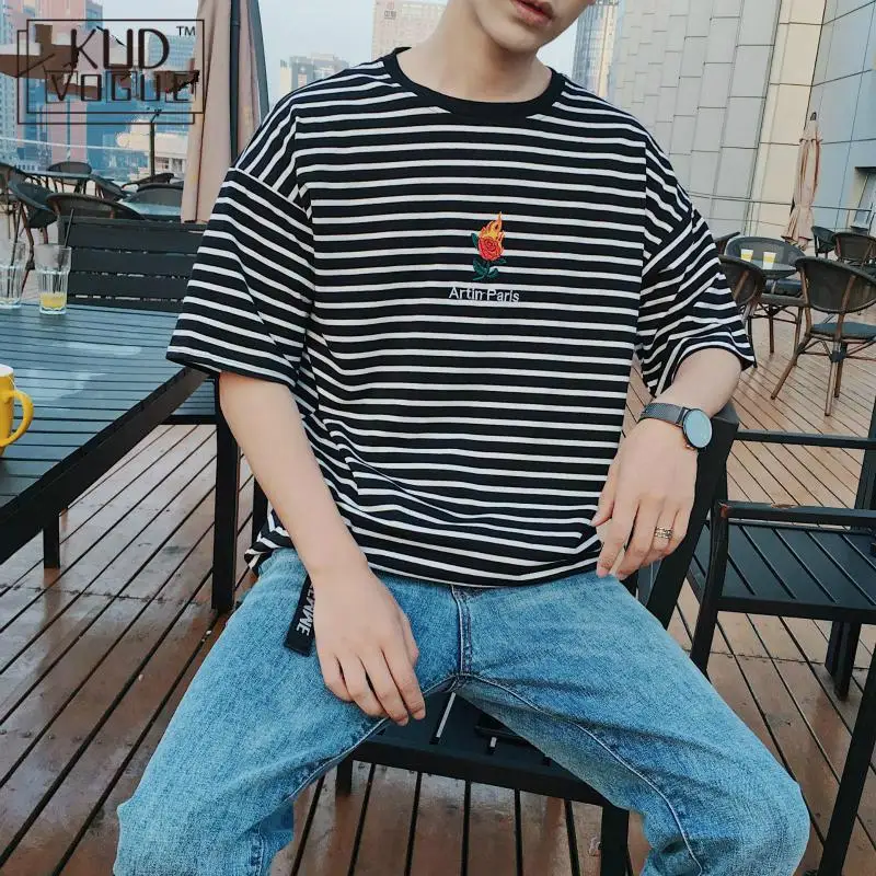 Ретро розовая роза Вышивка полосатая Мужская Уличная одежда футболка короткий