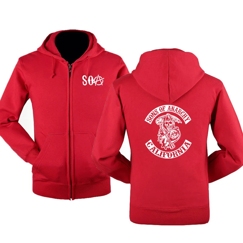 Красный SOA Sons of anarchy/Новая модная мужская спортивная одежда с капюшоном на молнии, мужская повседневная толстовка, флисовое теплое худи в стиле хип-хоп - Цвет: Красный