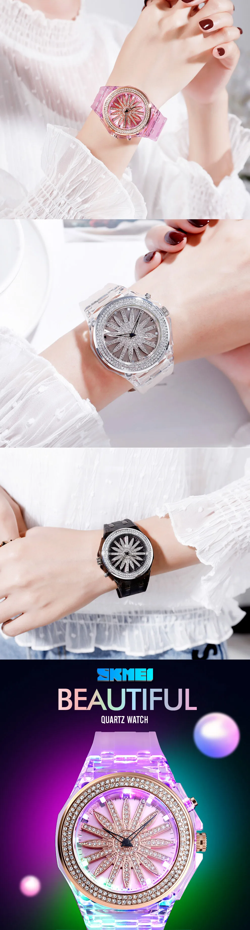 SKMEI креативные красочные кварцевые женские часы с цветочным циферблатом водонепроницаемый светодиодный задний часы с подсветкой женские наручные часы Relogio Feminino