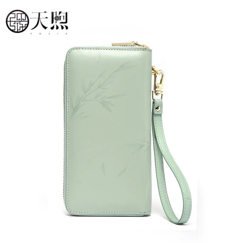 Женский Длинный кошелек из воловьей кожи Pmsix большой вместительный на молнии 2019 |