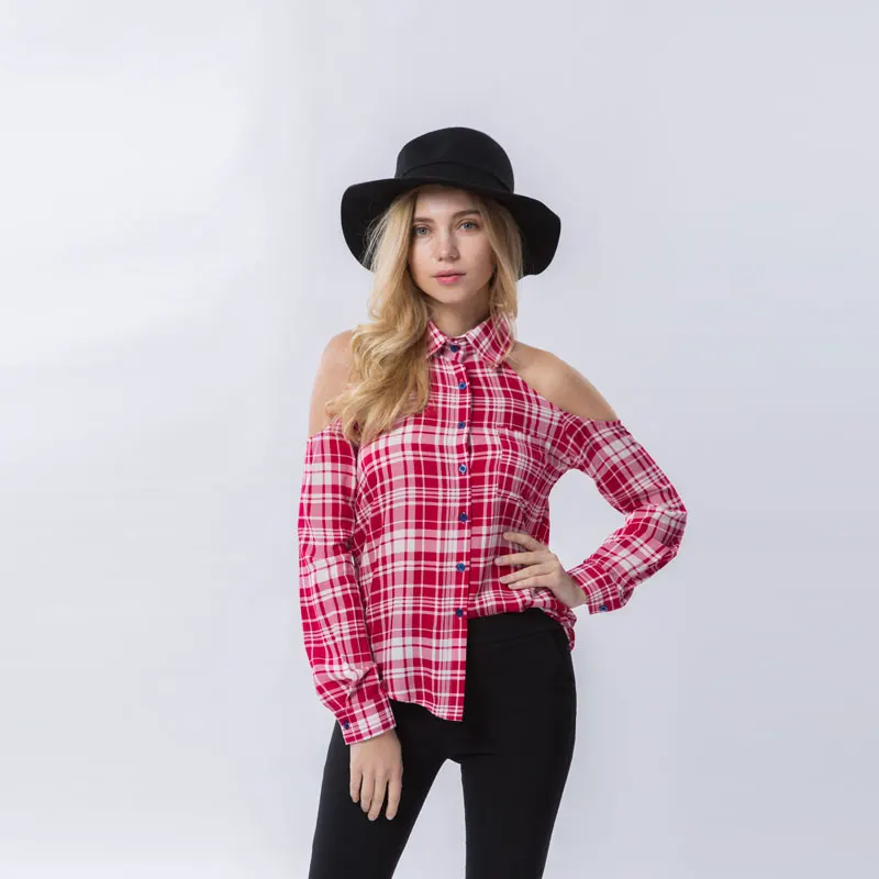 Женская шифоновая блузка Dioufond красная клетчатая с открытыми плечами и отложным