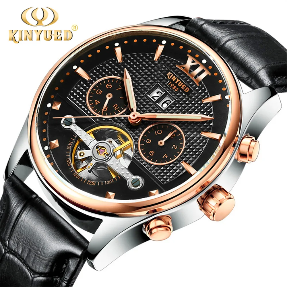 Механические часы KINYUED Skeleton Tourbillon, автоматические мужские классические механические наручные часы из розового золота и кожи, Reloj Hombre