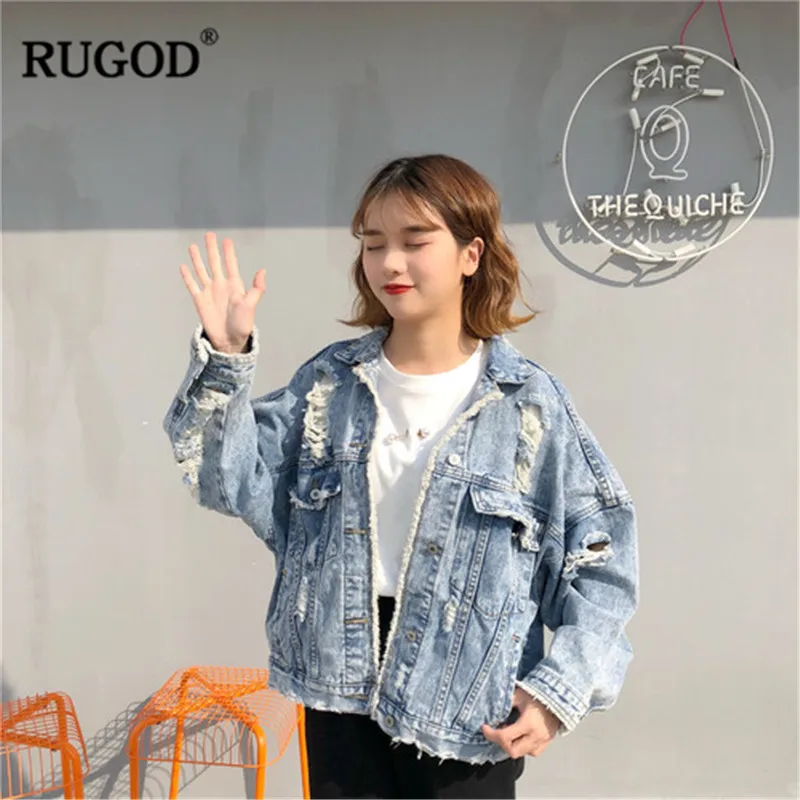 Женская джинсовая куртка RUGOD Классическая Свободная Повседневная рваная с