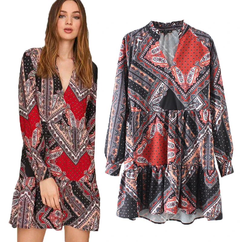 2019 Новое Мини-Платье Женское Vestidos английский стиль цветочный принт с длинным