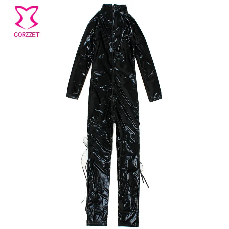 Хит продаж черный сексуальный костюм кошки из ПВХ и латекса на молнии спереди