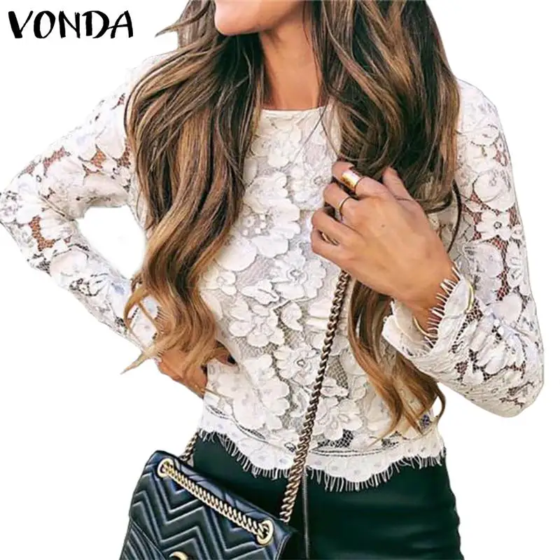 VONDA, Женская белая кружевная блузка,, Женская туника, сексуальные, полые, вечерние, топы, Пляжная рубашка, Повседневная, с длинным рукавом, Blusas размера плюс S-5XL
