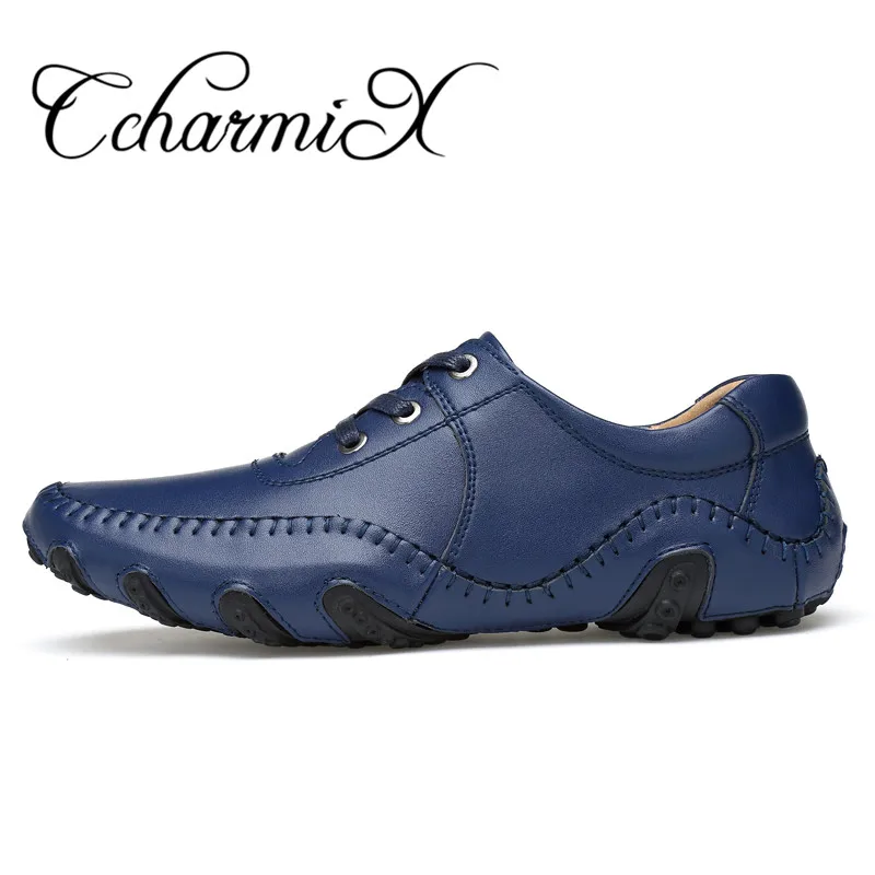 CcharmiX Mens Casual Shoes Handmade Split Leather Lace Up italian Style Blue Men Footwear Top Quality Man Driving Big Size | Обувь