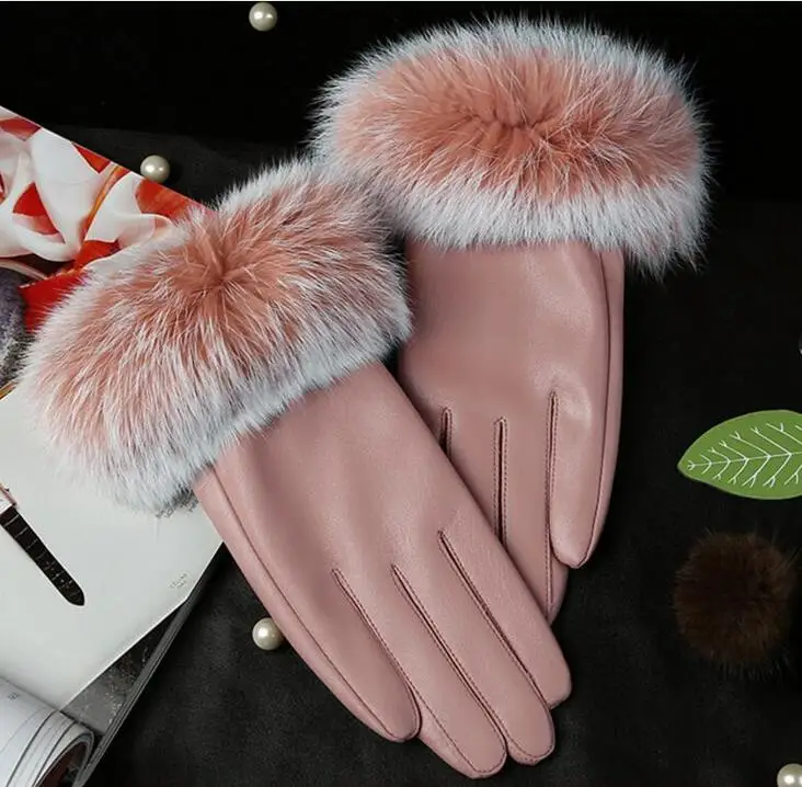 G037 Pink CUHAKCI зимние теплые женские перчатки из искусственной кожи с кроличьим мехом, повседневные Мягкие Перчатки для фитнеса - Цвет: G037 Pink