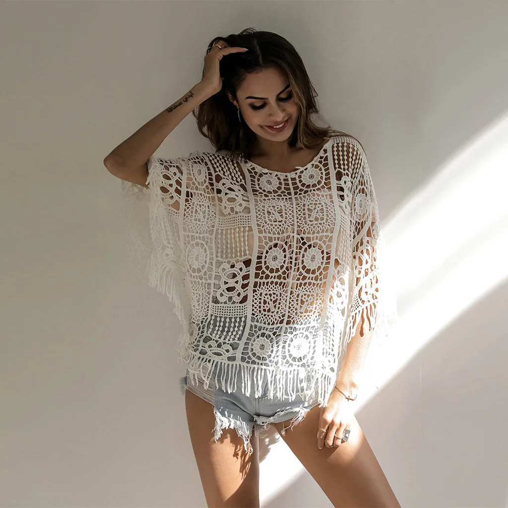 Женский Пляжный топ однотонный кружевной купальник кардиган бикини длинная